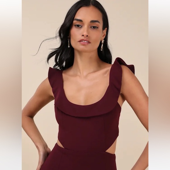 LuLu’s Captivating Charisma Plum Ruffled Cutout Tie-Back Maxi Dress Plum - Picture 3 of 11